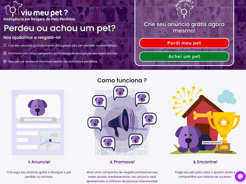 A imagem é um print do site ”Viu meu pet?”, com tons predominantemente roxos, explicando como funciona o anúncio na página.